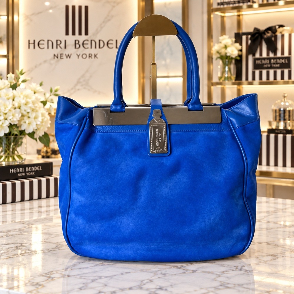 Henri Bendel Sealed With A Kiss Tote Blue Leather Suede Handbag NWT
